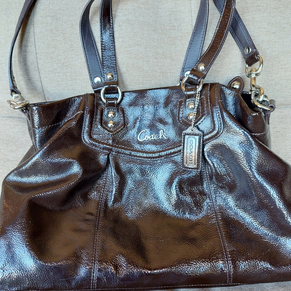 Coach Ashley  Brown Silver Patent Leather Satchel 14"L x 4"W x 8"H